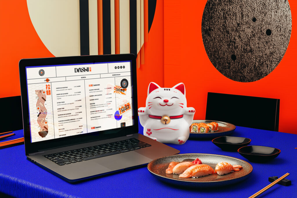 Website menu digital criado e desenvolvido para um restaurante de sushi. Estilo cultural moderno.